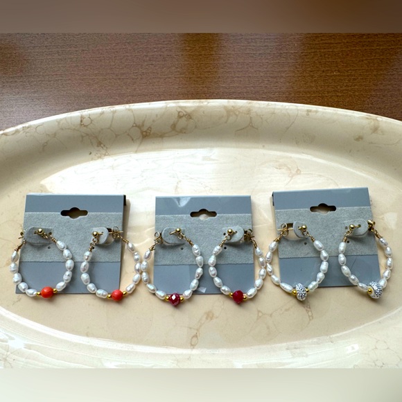 SALE!!! Rice Pearl Hoop Earrings with Bead or Crystal Accent - Picture 2 of 12